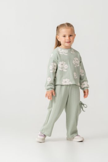 Girls' Cotton Green Floral Set – Drawstring Pants