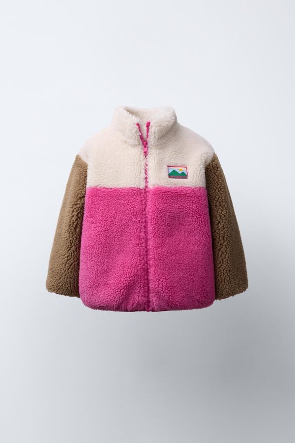 Color Block Faux Shearling Jacket with Label Detail