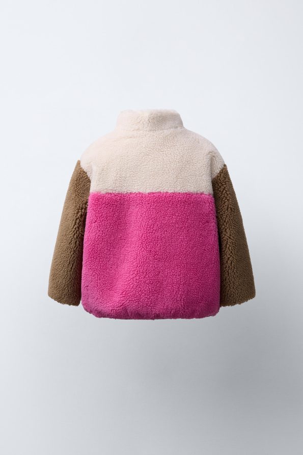 Color Block Faux Shearling Jacket with Label Detail
