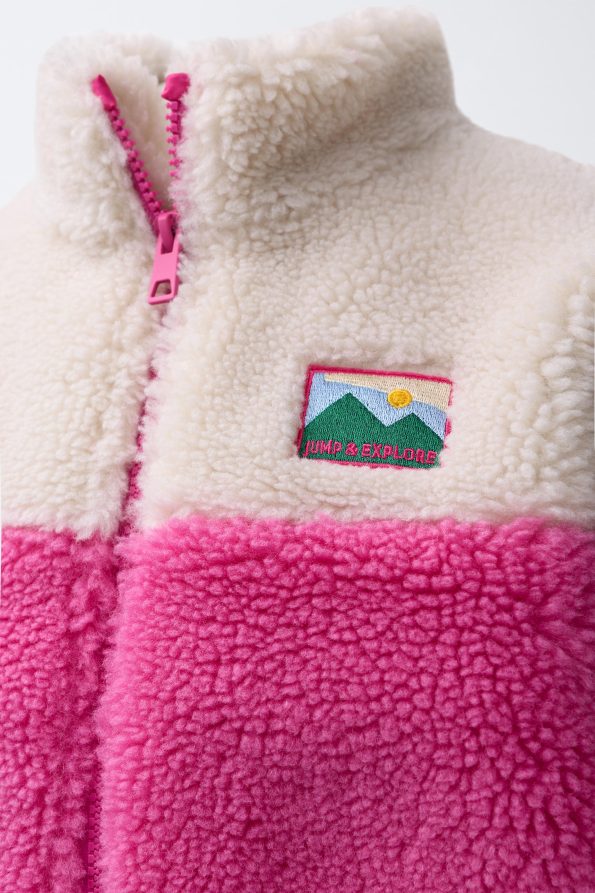 Color Block Faux Shearling Jacket with Label Detail