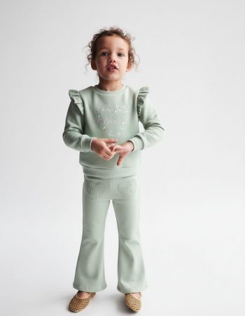 Girls' Cotton Mint Green Love Print Ruffle Detail Tracksuit - Wide Leg