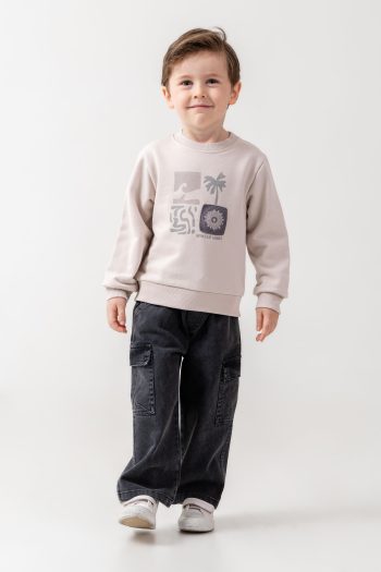 Boys' Cotton Beige Printed Sweatshirt and Black Cargo Pants Set - Casual Everyday Outfit