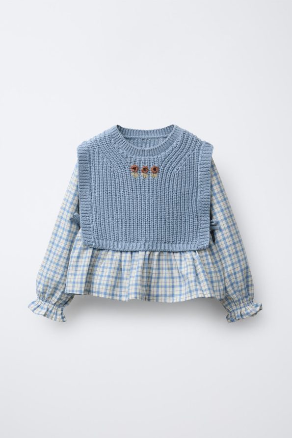 Embroidered Knit Vest and Check Shirt Set