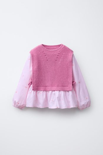 Heart Embroidery Shirt with Knitted Vest