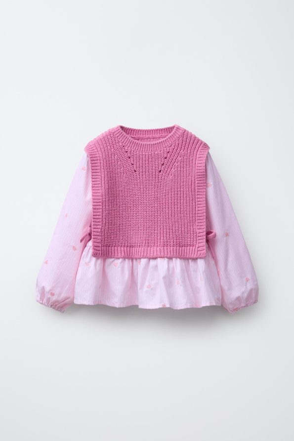 Heart Embroidery Shirt with Knitted Vest