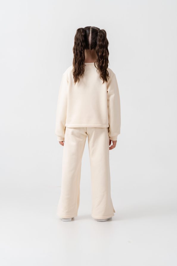 Girls' Cotton Ecru Sweatshirt and Wide-Leg Pants Set with Patch Details