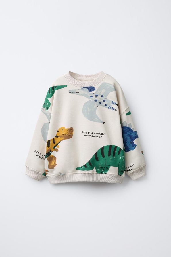 Boys' Cotton Cream Dinosaur Print Sweatshirt and Tracksuit Set