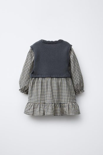 Checked Dress with Knit Vest
