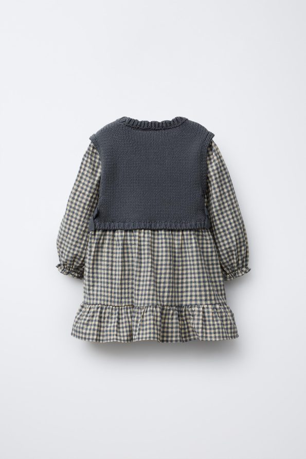 Checked Dress with Knit Vest