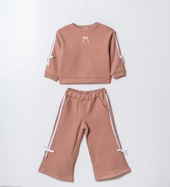 Girls' Cotton Terracotta Bow Embroidered Sweatshirt and Striped Tracksuit Set