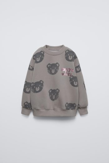 Girls' Cotton Gray Bear Print Sweatshirt and Leggings Set - Tokyo Detail