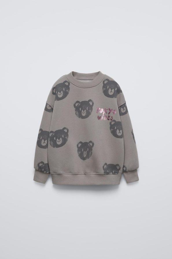 Girls' Cotton Gray Bear Print Sweatshirt and Leggings Set - Tokyo Detail