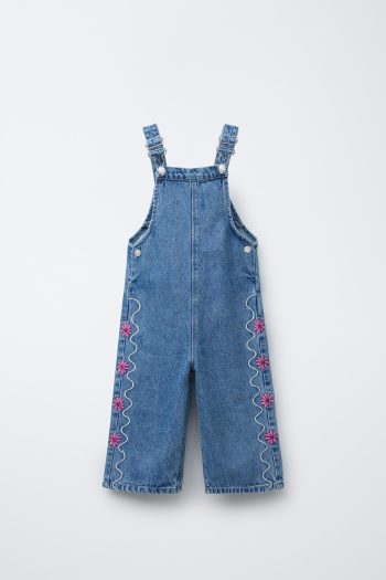 Wavy and Floral Embroidered Denim Dungarees