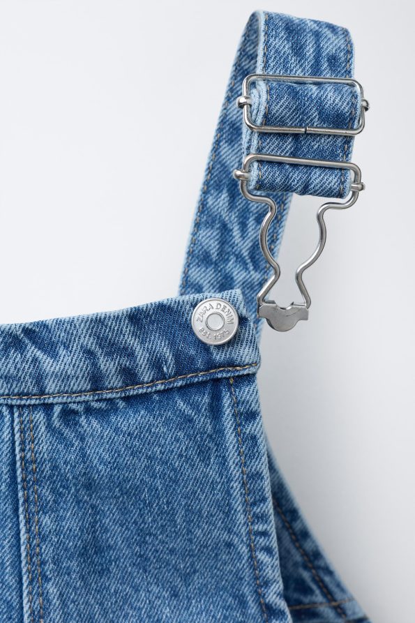Wavy and Floral Embroidered Denim Dungarees