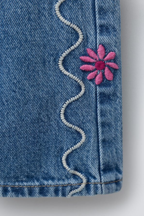 Wavy and Floral Embroidered Denim Dungarees