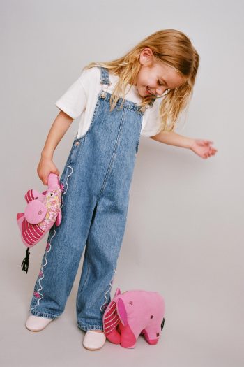 Wavy and Floral Embroidered Denim Dungarees