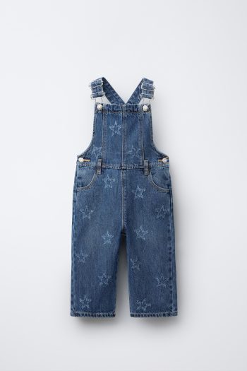 Long Star Embroidered Denim Overalls