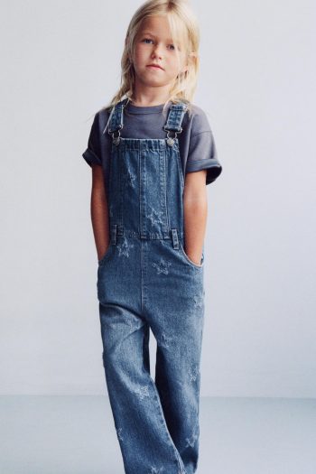 Long Star Embroidered Denim Overalls