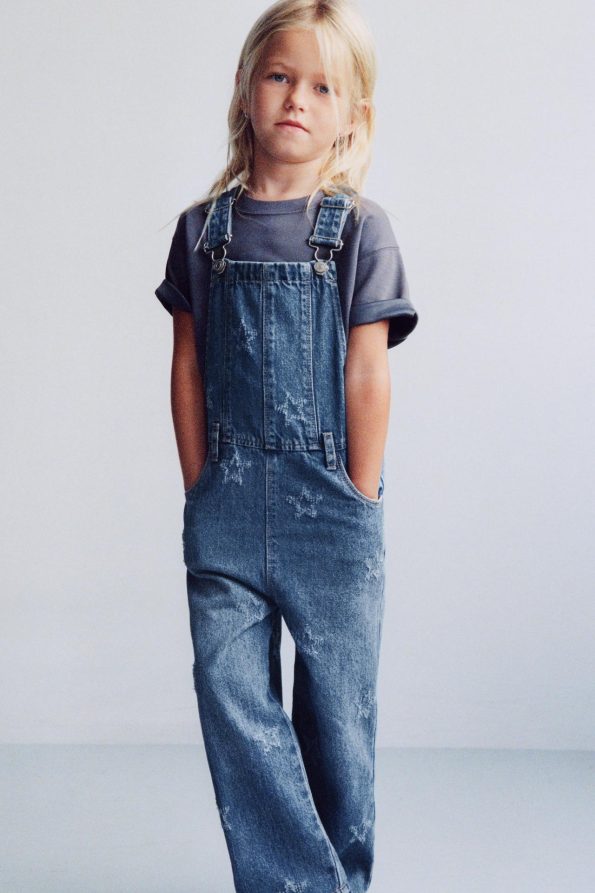 Long Star Embroidered Denim Overalls