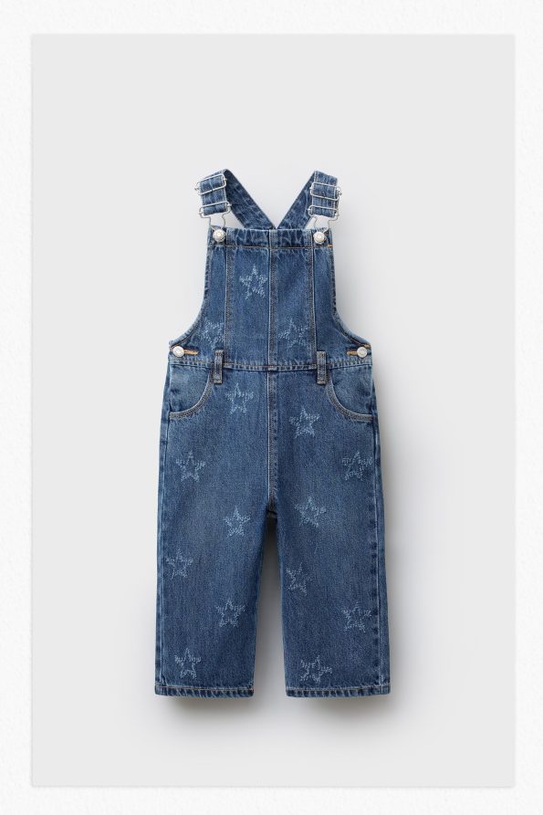 Long Star Embroidered Denim Overalls