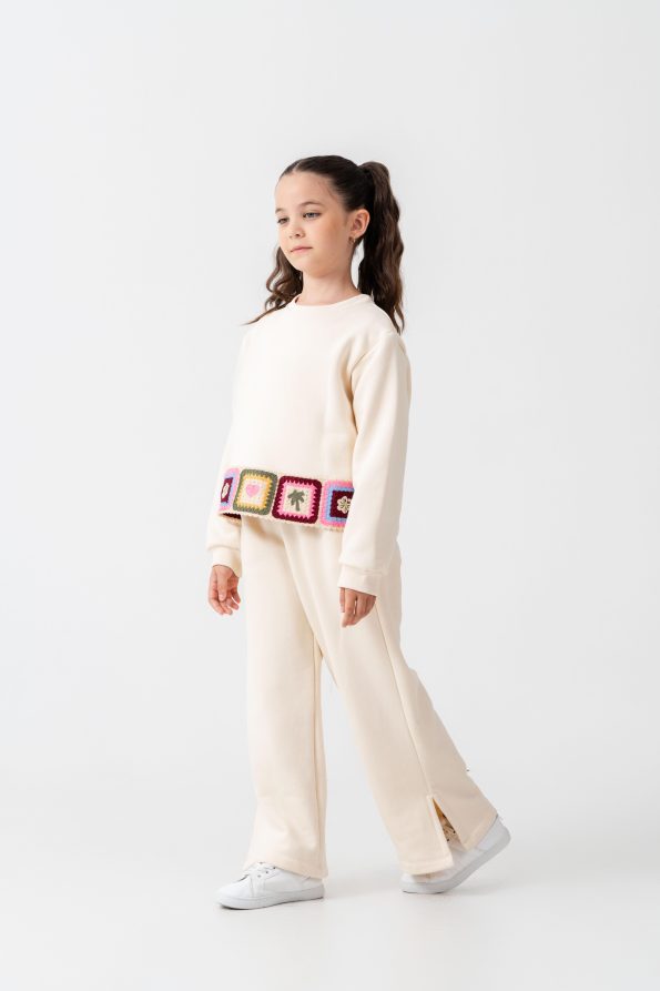 Girls' Cotton Ecru Sweatshirt and Wide-Leg Pants Set with Patch Details