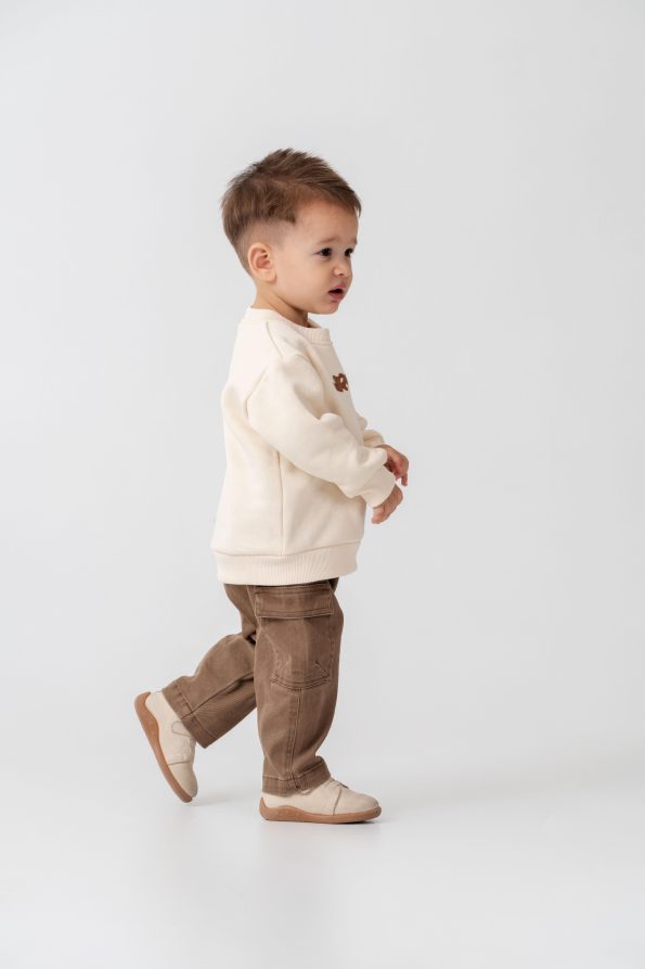 Boys' Cotton Cream Car Printed Sweatshirt and Brown Cargo Pants Set