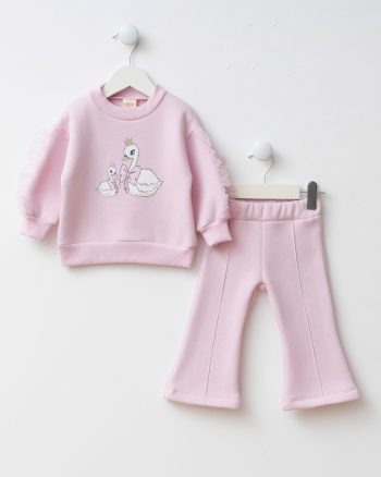 Girls' Cotton Pink Swan Printed Sweatshirt and Flared Pants Set with Tulle Sleeves
