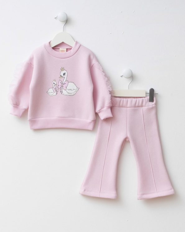 Girls' Cotton Pink Swan Printed Sweatshirt and Flared Pants Set with Tulle Sleeves