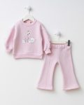 Girls' Cotton Pink Swan Print Sweatshirt and Flared Pants Set