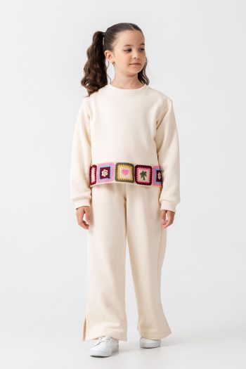 Girls' Cotton Ecru Sweatshirt and Wide-Leg Pants Set with Patch Details