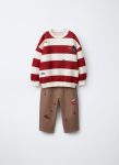 Boys' Cotton Striped Red Sweatshirt and Embroidered Brown Pants Set