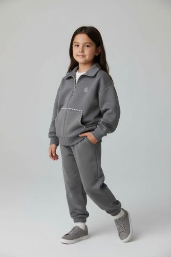 Girls' Cotton Grey Zip-Up Tracksuit - Comfortable with Pockets