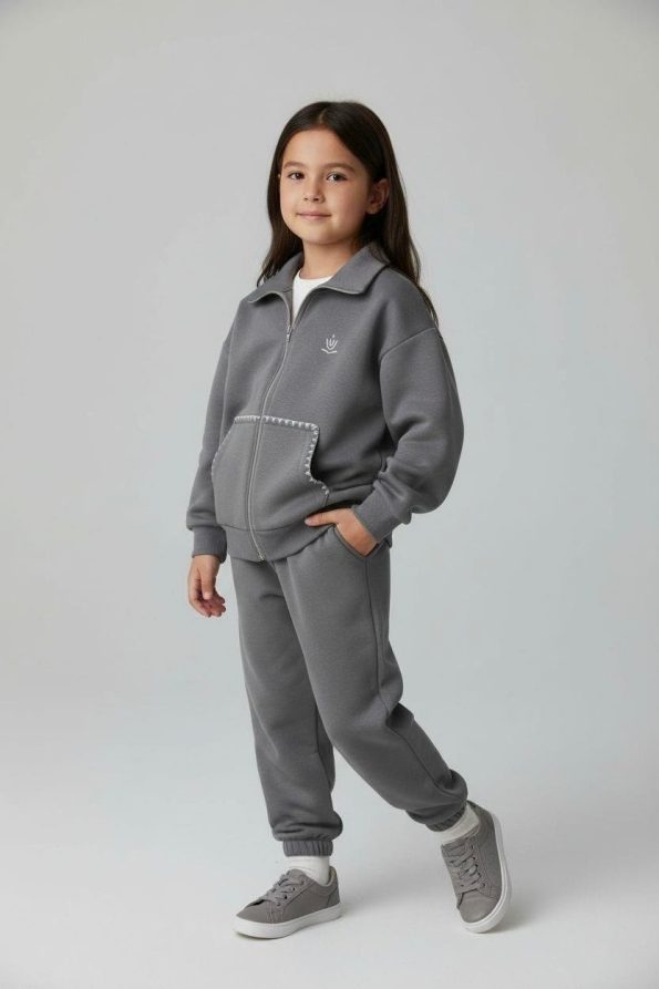 Girls' Cotton Grey Zip-Up Tracksuit - Comfortable with Pockets