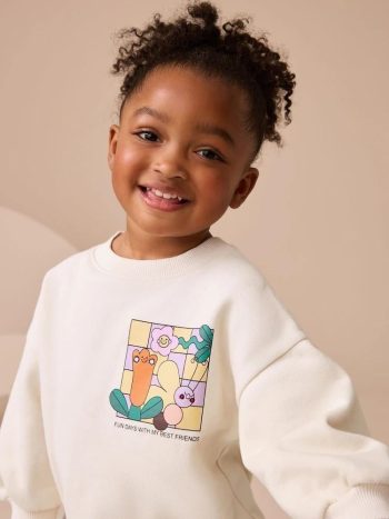Girls' Cotton White Printed Sweatshirt and Leggings Set