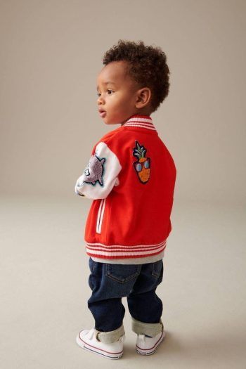 Boys' Cotton Red Embroidered Varsity Jacket