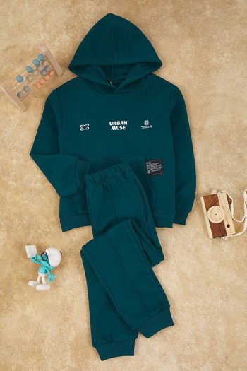 Trendyolmilla Kids Petrol Printed Hooded Sweater and Jogger Set