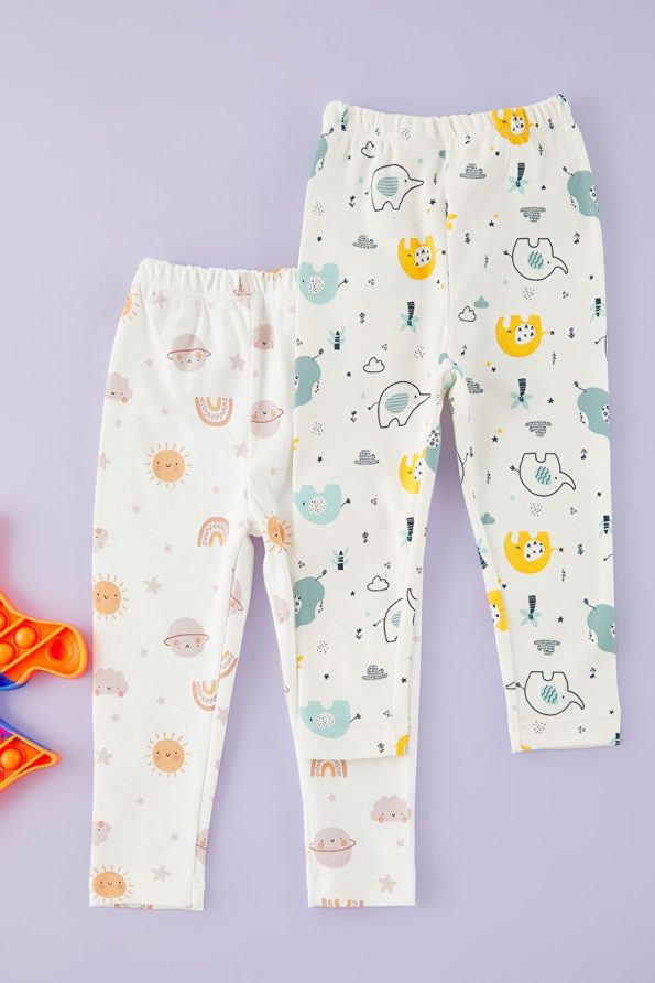 Trendyolmilla Kids Cream 2-Pack Unisex Baby 100% Cotton Printed Knit Leggings