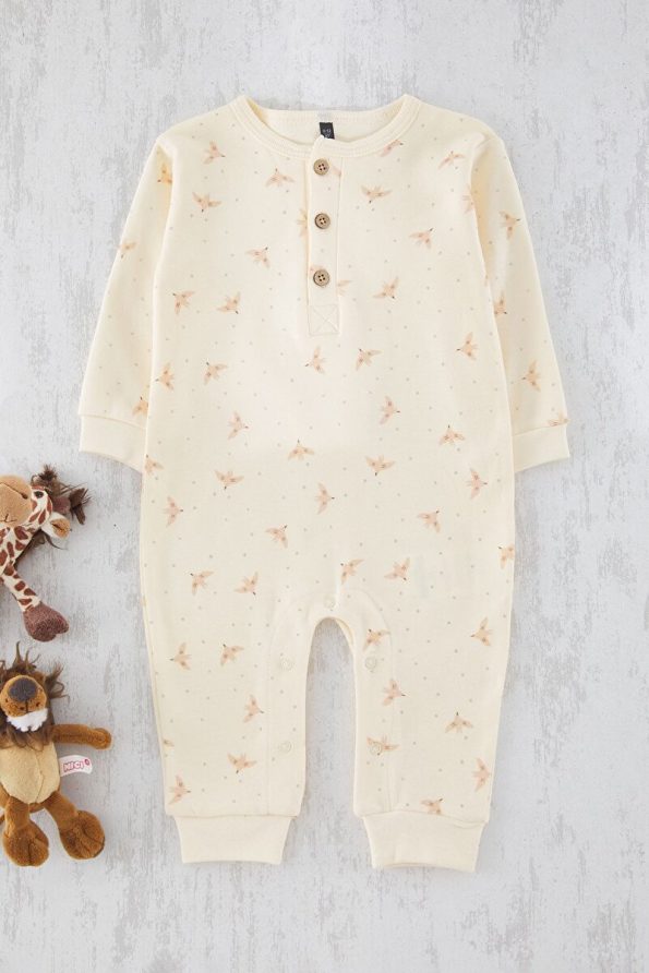 Trendyolmilla Kids Beige Cotton Printed Button-Up Long Sleeve Romper