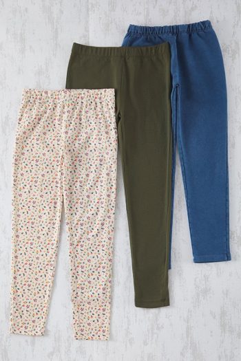 Trendyolmilla Kids Blue-Cream-Khaki 3-Pack Cotton Patterned Leggings