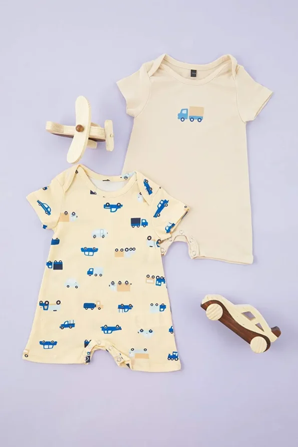 Trendyolmilla Kids Orange 2-Piece Baby Boys' 100% Cotton Car Print Short Sleeve Romper