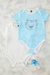 Trendyolmilla Kids Ecru-Blue 2-Pack Boys' Cotton Striped-Solid Short Sleeve Bodysuit