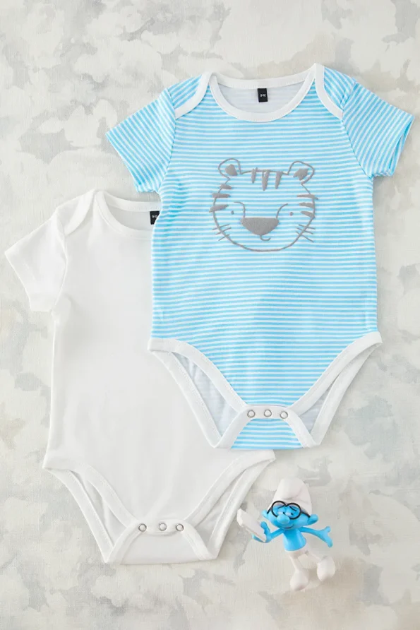 Trendyolmilla Kids Ecru-Blue 2-Pack Boys' Cotton Striped-Solid Short Sleeve Bodysuit