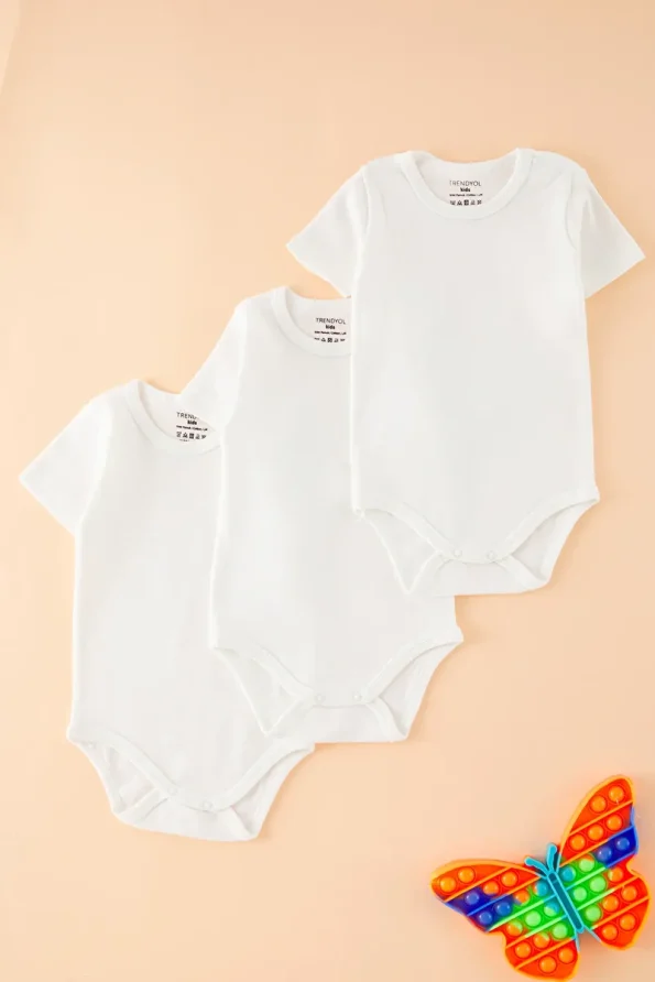 Trendyolmilla Kids White 3-Pack Unisex Baby 100% Cotton Basic Snap Bodysuit
