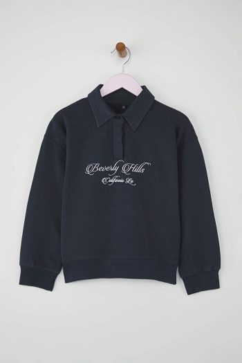 Trendyolmilla Kids Navy Blue Girls' 100% Cotton Slogan Printed Polo Neck Regular Knit Sweatshirt