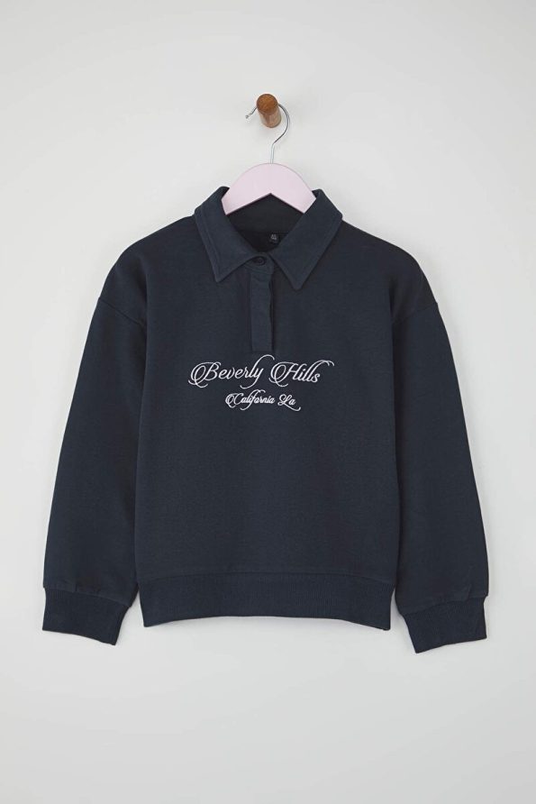 Trendyolmilla Kids Navy Blue Girls' 100% Cotton Slogan Printed Polo Neck Regular Knit Sweatshirt
