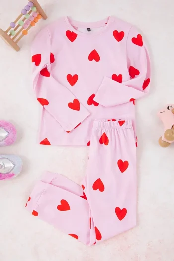Trendyolmilla Kids Pink Girls Cotton Heart Print Pajama Set