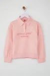 Trendyolmilla Kids Pink Cotton Slogan Printed Polo Neck Regular Knit Sweatshirt