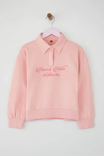 Trendyolmilla Kids Pink Cotton Slogan Printed Polo Neck Regular Knit Sweatshirt