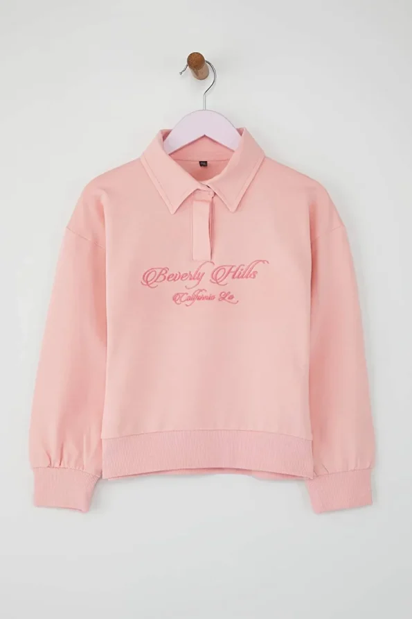 Trendyolmilla Kids Pink Cotton Slogan Printed Polo Neck Regular Knit Sweatshirt