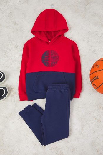 Trendyolmilla Kids Red Cotton Color Block Hoodie Set for Boys